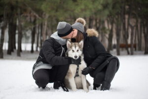 Jong stel op romantische husky tour in Tromso Noorwegen